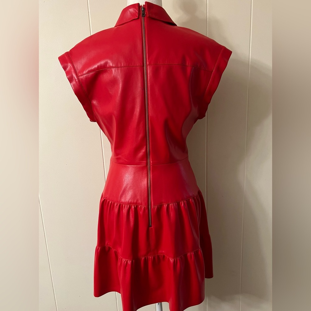 ALICE + OLIVIA Mila red Vegan Leather Deep V Twist-Front Mini Dress 10 - Picture 10 of 16